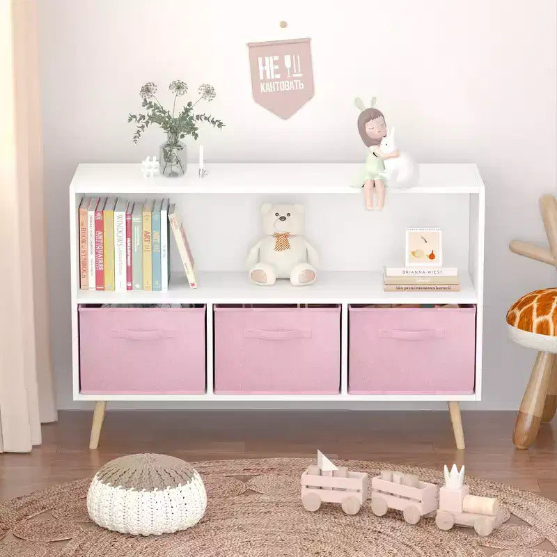 Étagère à livres pour enfants avec 3 tiroirs en tissu, multifonctionnelle pour livres/jouets, boucle de sécurité murale, MDF haute densité