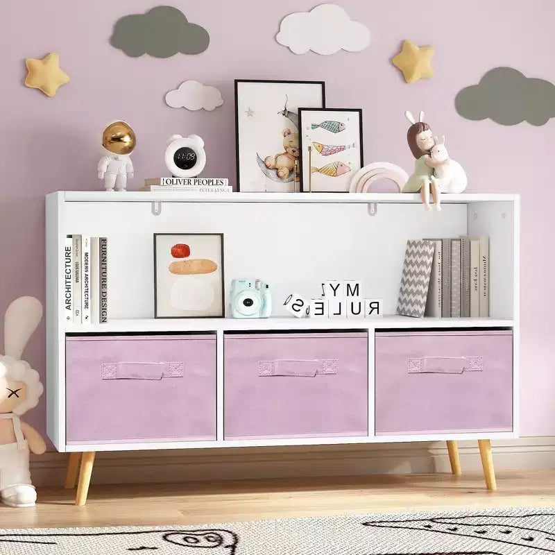 Étagère à livres pour enfants avec 3 tiroirs en tissu, multifonctionnelle pour livres/jouets, boucle de sécurité murale, MDF haute densité
