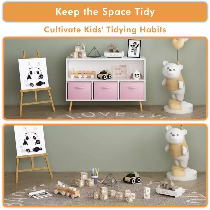 Étagère à livres pour enfants avec 3 tiroirs en tissu, multifonctionnelle pour livres/jouets, boucle de sécurité murale, MDF haute densité
