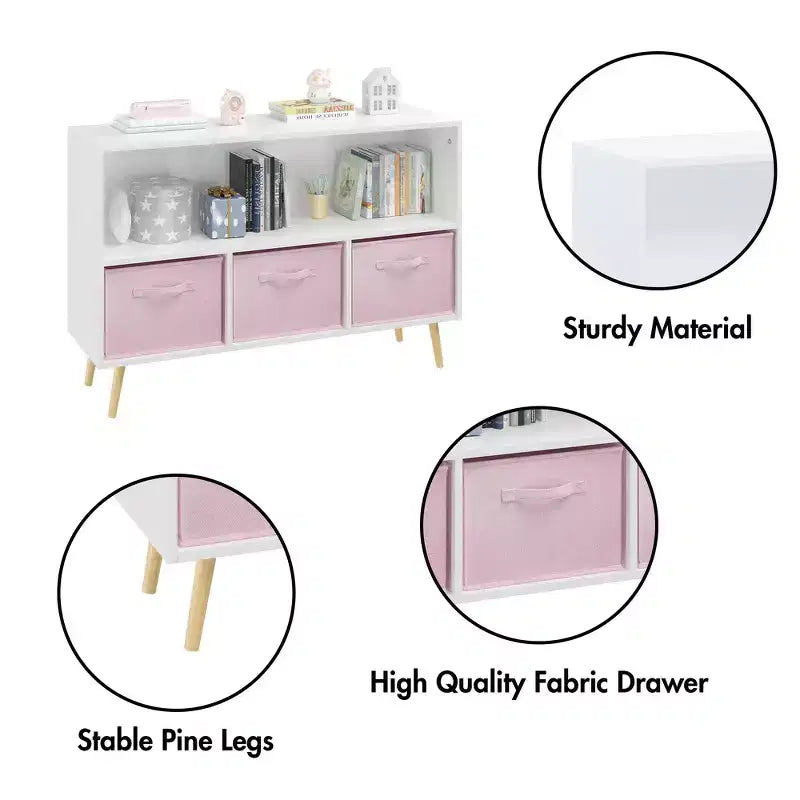 Étagère à livres pour enfants avec 3 tiroirs en tissu, multifonctionnelle pour livres/jouets, boucle de sécurité murale, MDF haute densité