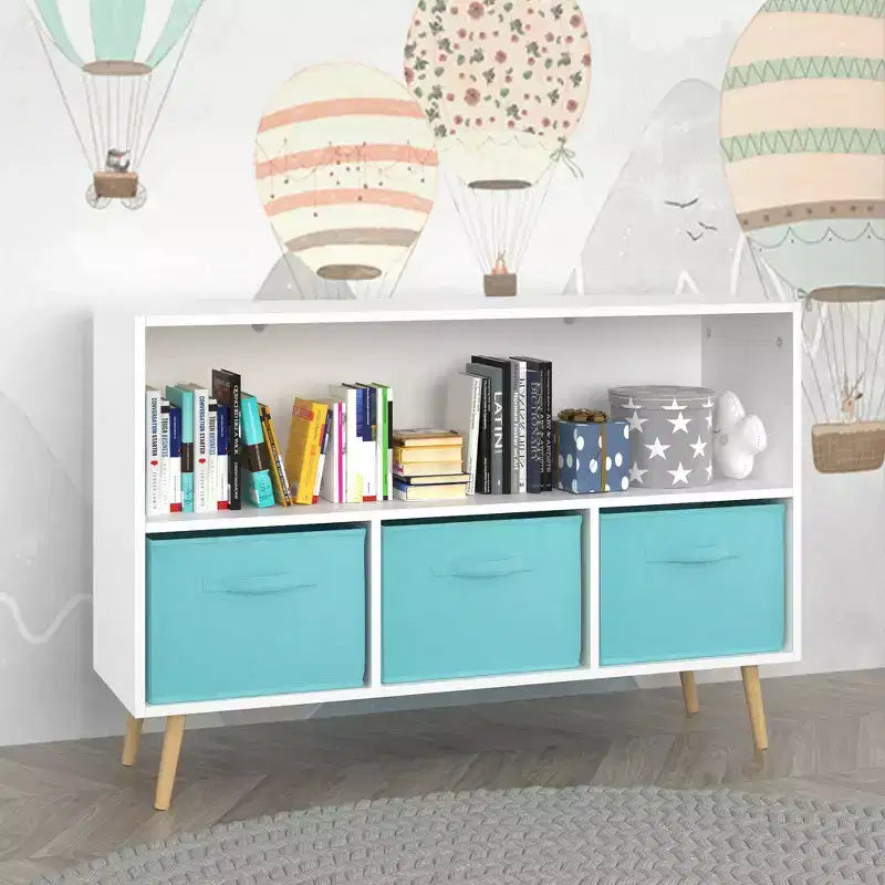 Étagère à livres pour enfants avec 3 tiroirs en tissu, multifonctionnelle pour livres/jouets, boucle de sécurité murale, MDF haute densité