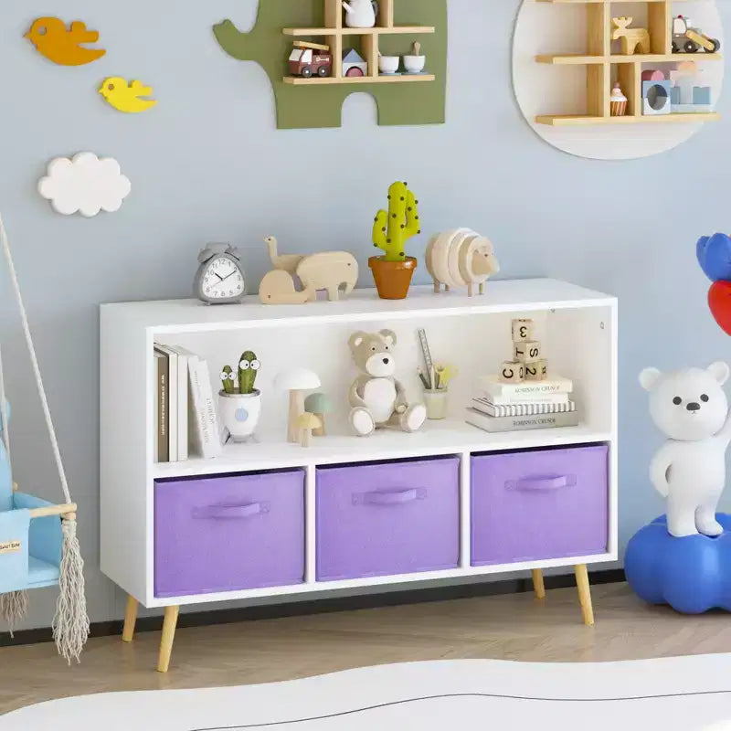 Étagère à livres pour enfants avec 3 tiroirs en tissu, multifonctionnelle pour livres/jouets, boucle de sécurité murale, MDF haute densité