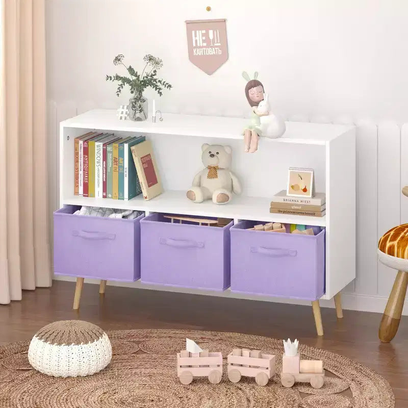 Étagère à livres pour enfants avec 3 tiroirs en tissu, multifonctionnelle pour livres/jouets, boucle de sécurité murale, MDF haute densité