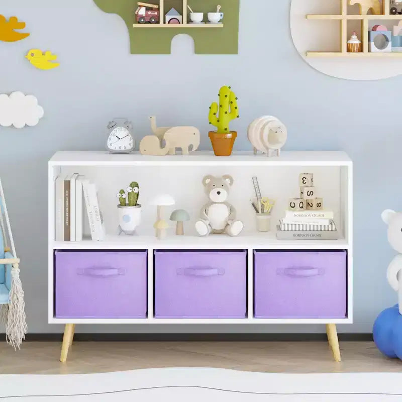 Étagère à livres pour enfants avec 3 tiroirs en tissu, multifonctionnelle pour livres/jouets, boucle de sécurité murale, MDF haute densité