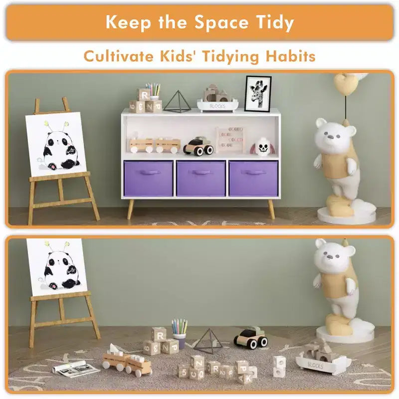 Étagère à livres pour enfants avec 3 tiroirs en tissu, multifonctionnelle pour livres/jouets, boucle de sécurité murale, MDF haute densité