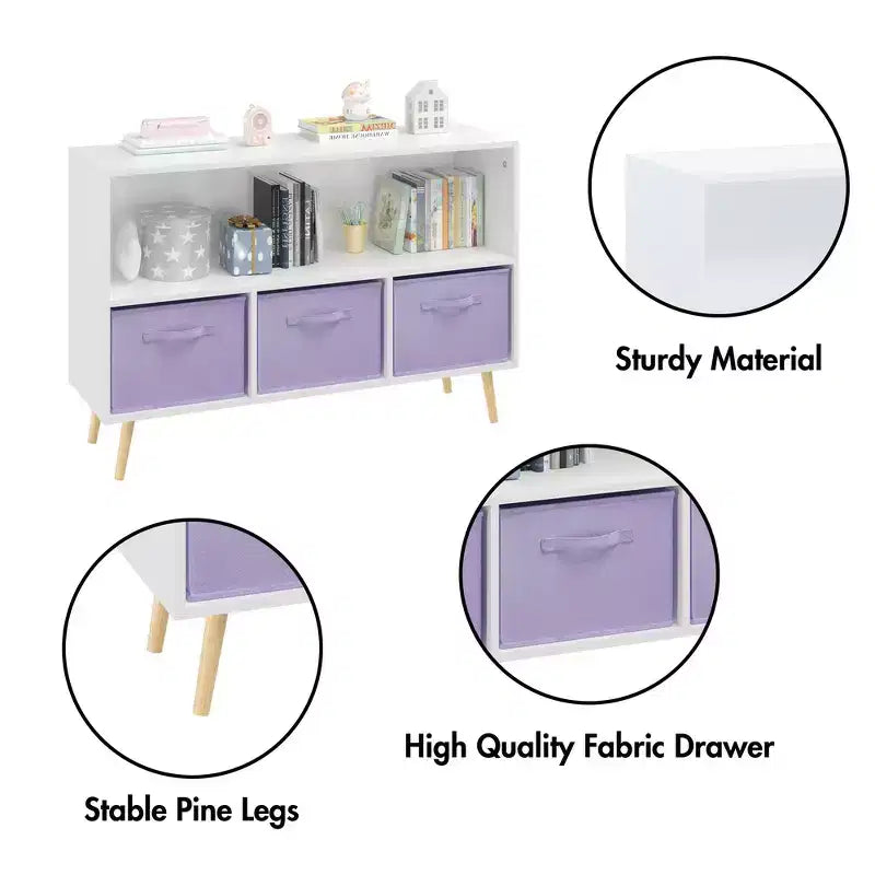 Étagère à livres pour enfants avec 3 tiroirs en tissu, multifonctionnelle pour livres/jouets, boucle de sécurité murale, MDF haute densité