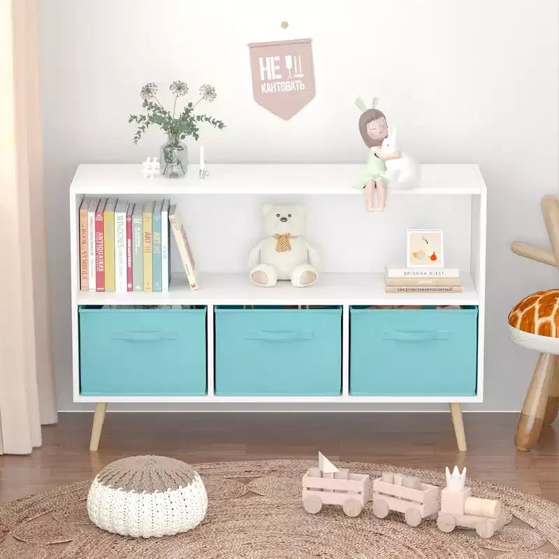 Étagère à livres pour enfants avec 3 tiroirs en tissu, multifonctionnelle pour livres/jouets, boucle de sécurité murale, MDF haute densité