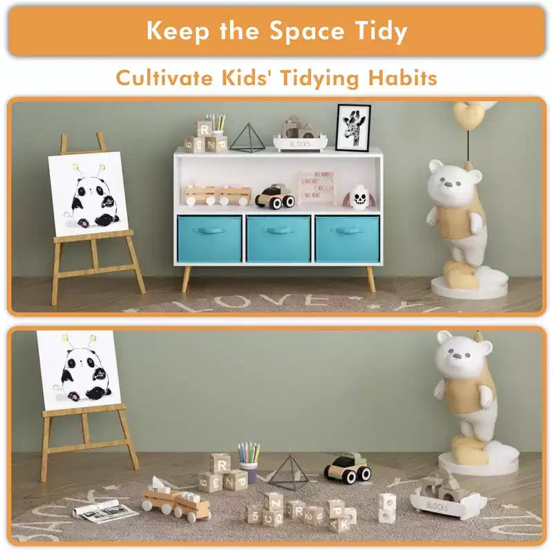 Étagère à livres pour enfants avec 3 tiroirs en tissu, multifonctionnelle pour livres/jouets, boucle de sécurité murale, MDF haute densité