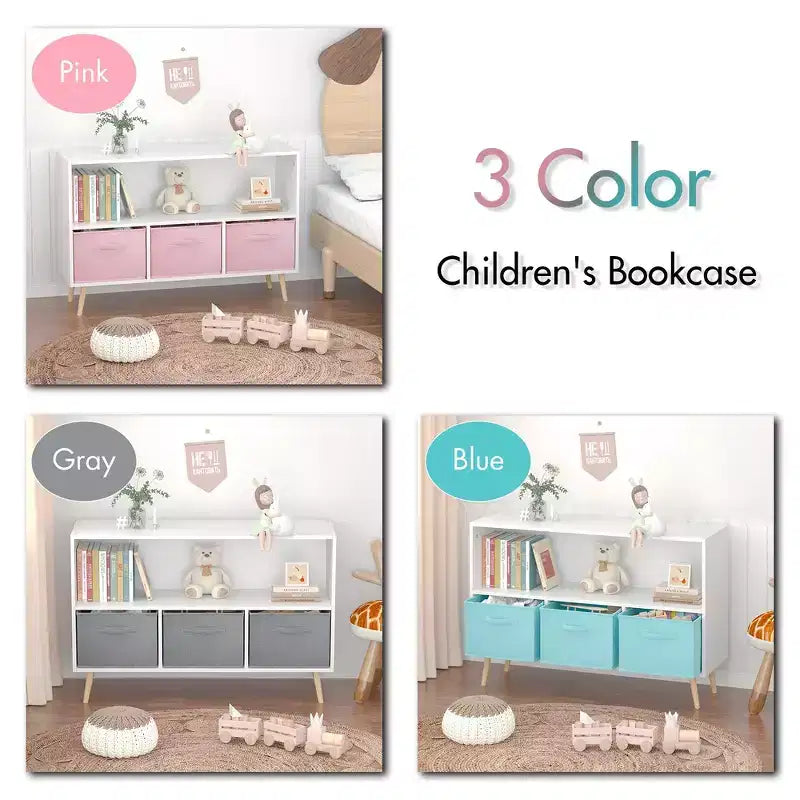 Étagère à livres pour enfants avec 3 tiroirs en tissu, multifonctionnelle pour livres/jouets, boucle de sécurité murale, MDF haute densité