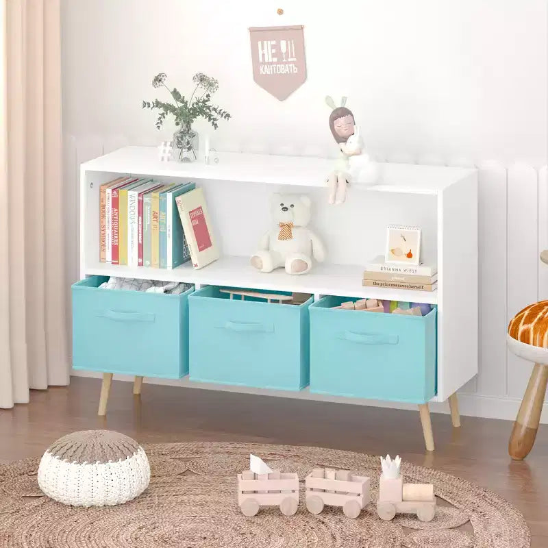  Kids Bookshelf with 3 Cloth Drawers, Multi-Purpose for Books/Toys, Wall-Mounted Safety Buckle, High-Density MDF