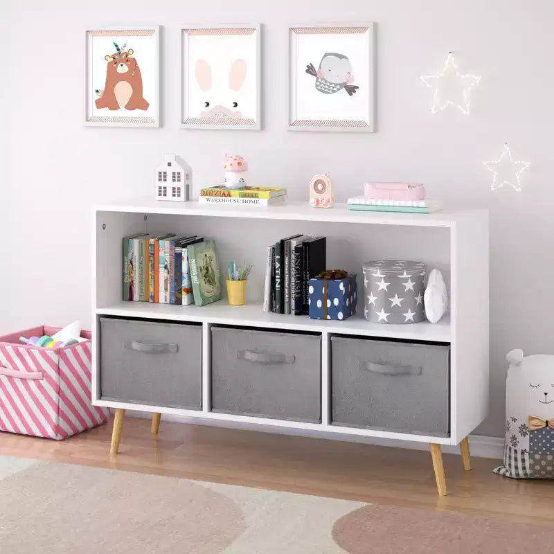 Étagère à livres pour enfants avec 3 tiroirs en tissu, multifonctionnelle pour livres/jouets, boucle de sécurité murale, MDF haute densité