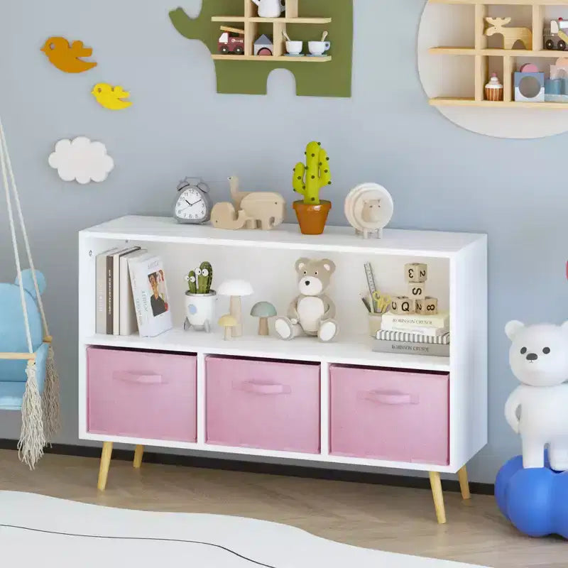 Étagère à livres pour enfants avec 3 tiroirs en tissu, multifonctionnelle pour livres/jouets, boucle de sécurité murale, MDF haute densité