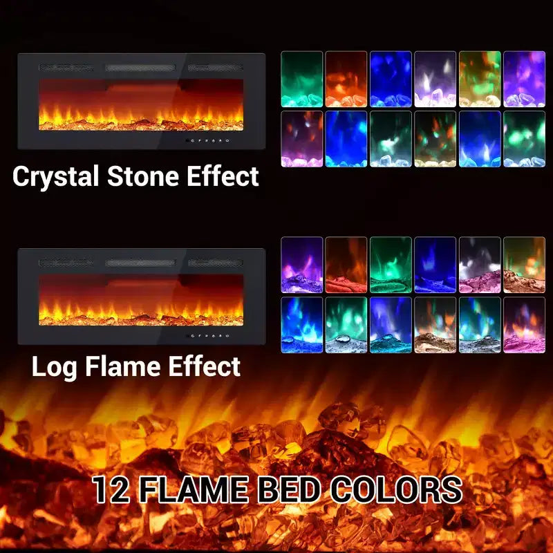 Cheminée électrique murale de 40 pouces, chauffage de cheminée avec réglages 750W/1500W, 12 effets de flamme colorés, télécommande et minuterie