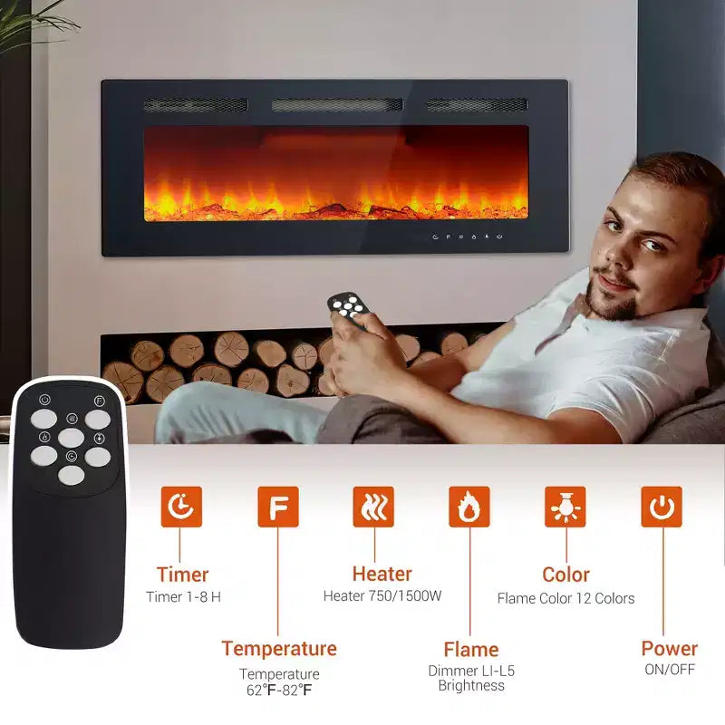 Cheminée électrique murale de 40 pouces, chauffage de cheminée avec réglages 750W/1500W, 12 effets de flamme colorés, télécommande et minuterie