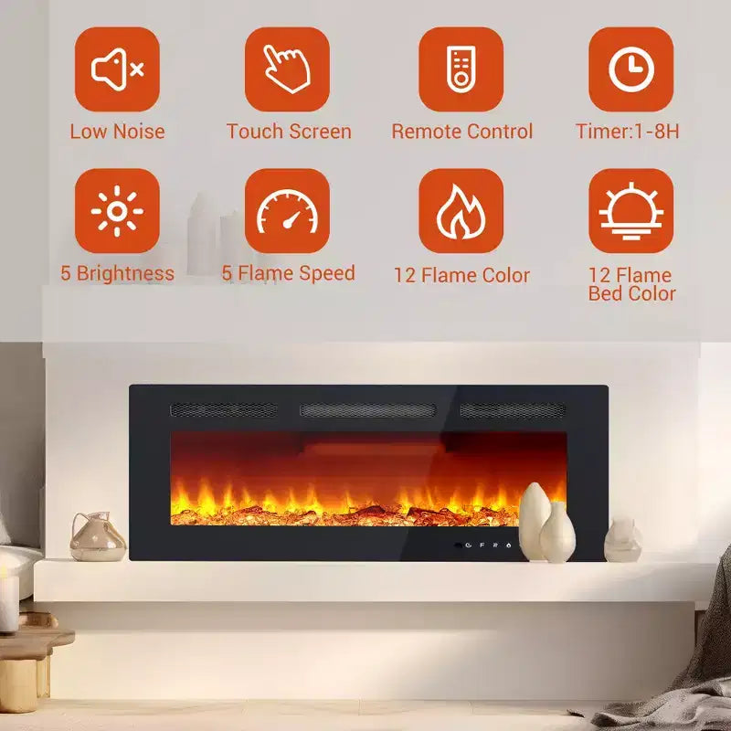 Cheminée électrique murale de 40 pouces, chauffage de cheminée avec réglages 750W/1500W, 12 effets de flamme colorés, télécommande et minuterie