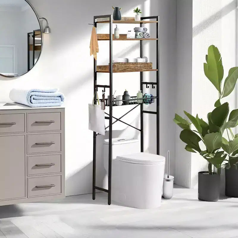  4-Tier Over-The-Toilet Storage Shelf, Freestanding Bathroom Organizer with Adjustable Shelf & Basket, Space-Saving Rack Above Toilet, Brown