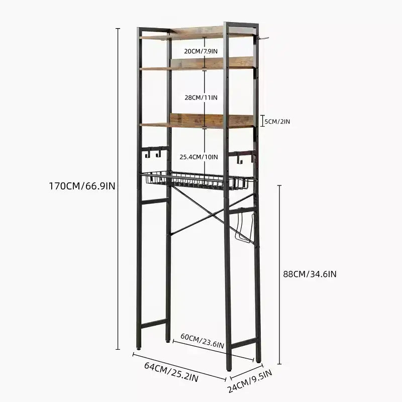 Étagère de rangement 4 niveaux au-dessus des toilettes, organisateur de salle de bain autoportant avec étagère réglable et panier, meuble gain de place au-dessus des toilettes, marron
