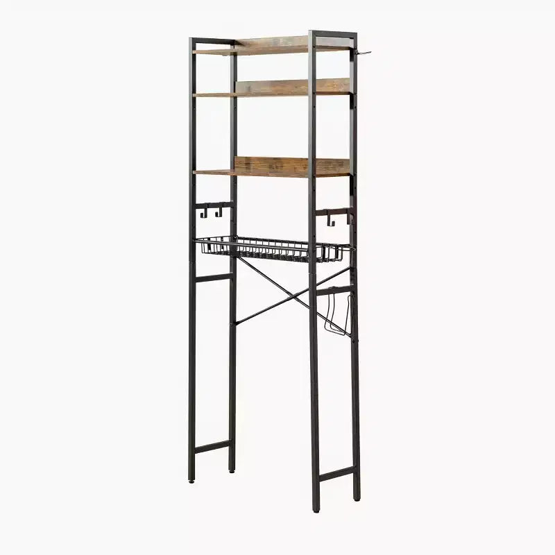 Étagère de rangement 4 niveaux au-dessus des toilettes, organisateur de salle de bain autoportant avec étagère réglable et panier, meuble gain de place au-dessus des toilettes, marron