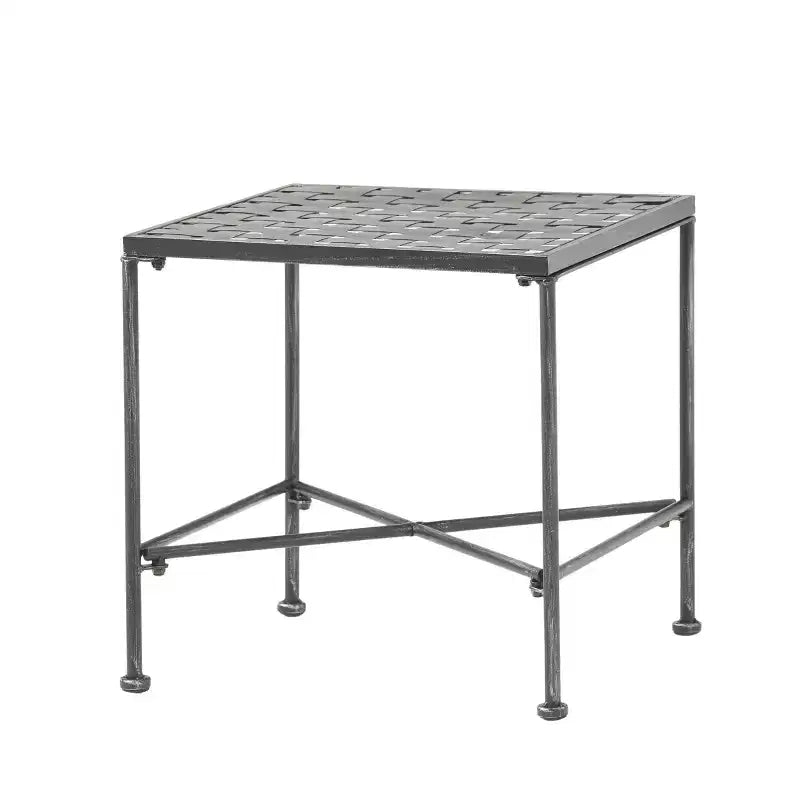 Table d'appoint minimaliste avec cadre en métal et design renforcé, table d'appoint avec plateau tressé, bout de canapé pour salon, patio, noir