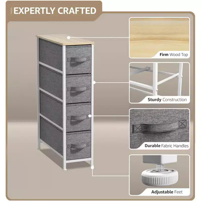 Commode étroite à 4 tiroirs - avec cadre en acier, plateau en bois et tiroirs en tissu faciles à tirer pour petits espaces, placards, chambre, salle de bain et buanderie