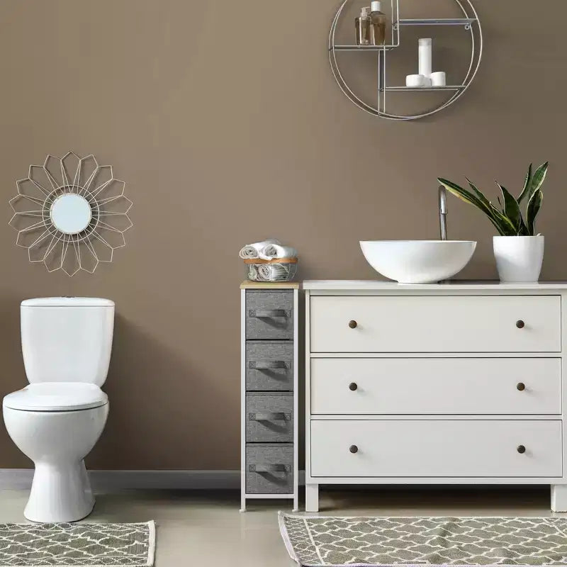 Commode étroite à 4 tiroirs - avec cadre en acier, plateau en bois et tiroirs en tissu faciles à tirer pour petits espaces, placards, chambre, salle de bain et buanderie