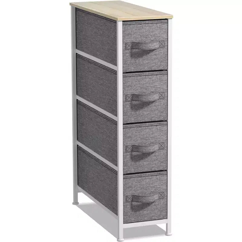 Commode étroite à 4 tiroirs - avec cadre en acier, plateau en bois et tiroirs en tissu faciles à tirer pour petits espaces, placards, chambre, salle de bain et buanderie