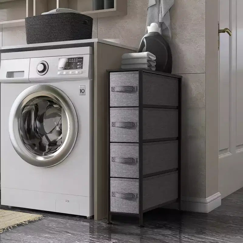 Commode étroite à 4 tiroirs - avec cadre en acier, plateau en bois et tiroirs en tissu faciles à tirer pour petits espaces, placards, chambre, salle de bain et buanderie