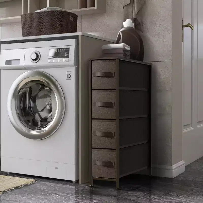 Commode étroite à 4 tiroirs - avec cadre en acier, plateau en bois et tiroirs en tissu faciles à tirer pour petits espaces, placards, chambre, salle de bain et buanderie