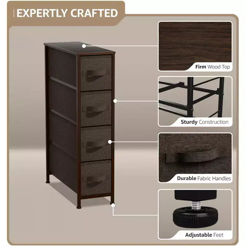 Commode étroite à 4 tiroirs - avec cadre en acier, plateau en bois et tiroirs en tissu faciles à tirer pour petits espaces, placards, chambre, salle de bain et buanderie