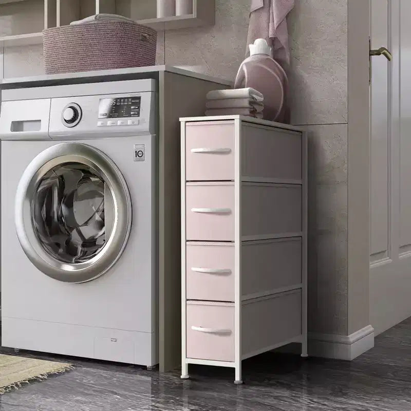Commode étroite à 4 tiroirs - avec cadre en acier, plateau en bois et tiroirs en tissu faciles à tirer pour petits espaces, placards, chambre, salle de bain et buanderie