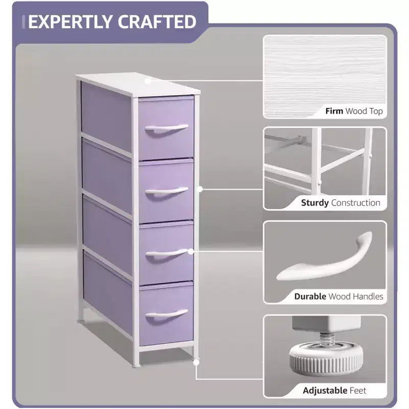 Commode étroite à 4 tiroirs - avec cadre en acier, plateau en bois et tiroirs en tissu faciles à tirer pour petits espaces, placards, chambre, salle de bain et buanderie