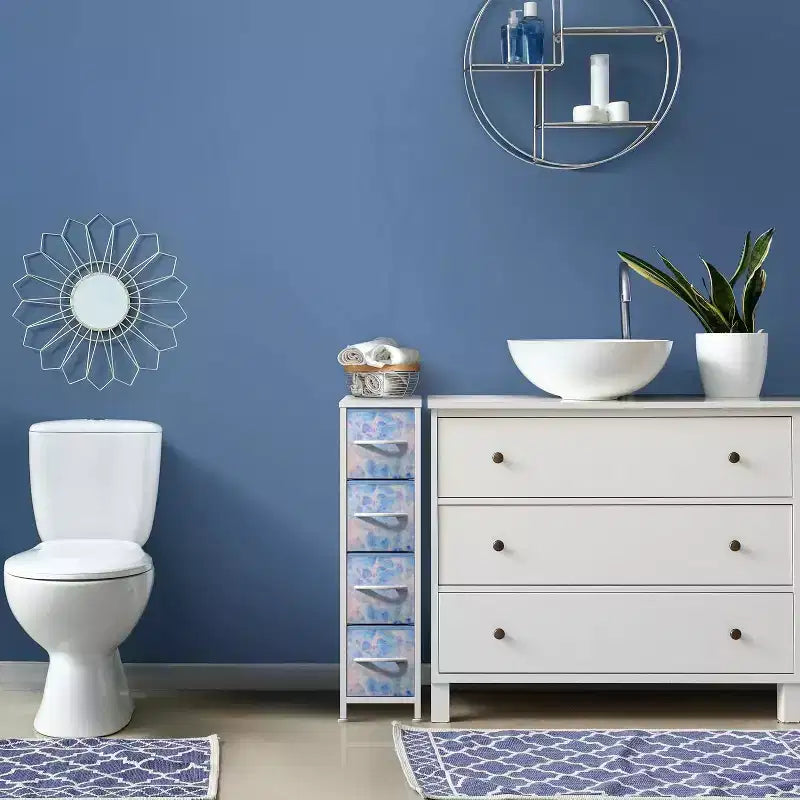 Commode étroite à 4 tiroirs - avec cadre en acier, plateau en bois et tiroirs en tissu faciles à tirer pour petits espaces, placards, chambre, salle de bain et buanderie
