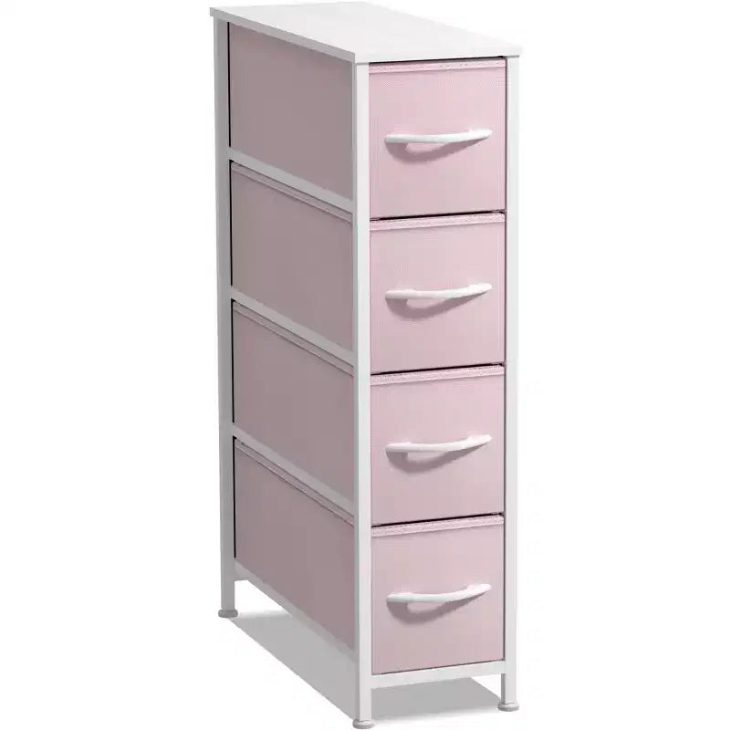 Commode étroite à 4 tiroirs - avec cadre en acier, plateau en bois et tiroirs en tissu faciles à tirer pour petits espaces, placards, chambre, salle de bain et buanderie