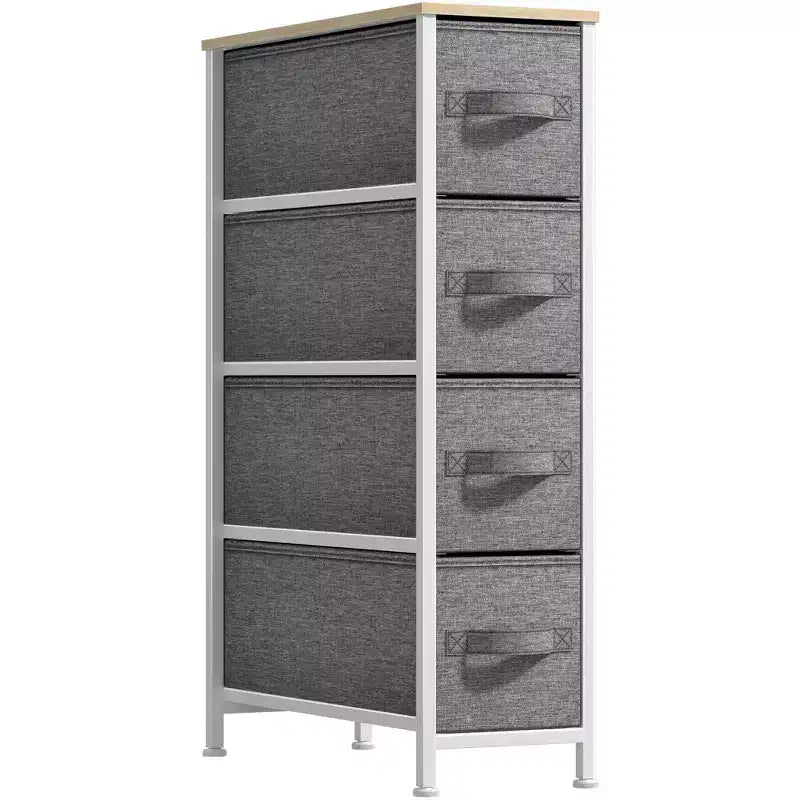 Commode étroite à 4 tiroirs - avec cadre en acier, plateau en bois et tiroirs en tissu faciles à tirer pour petits espaces, placards, chambre, salle de bain et buanderie
