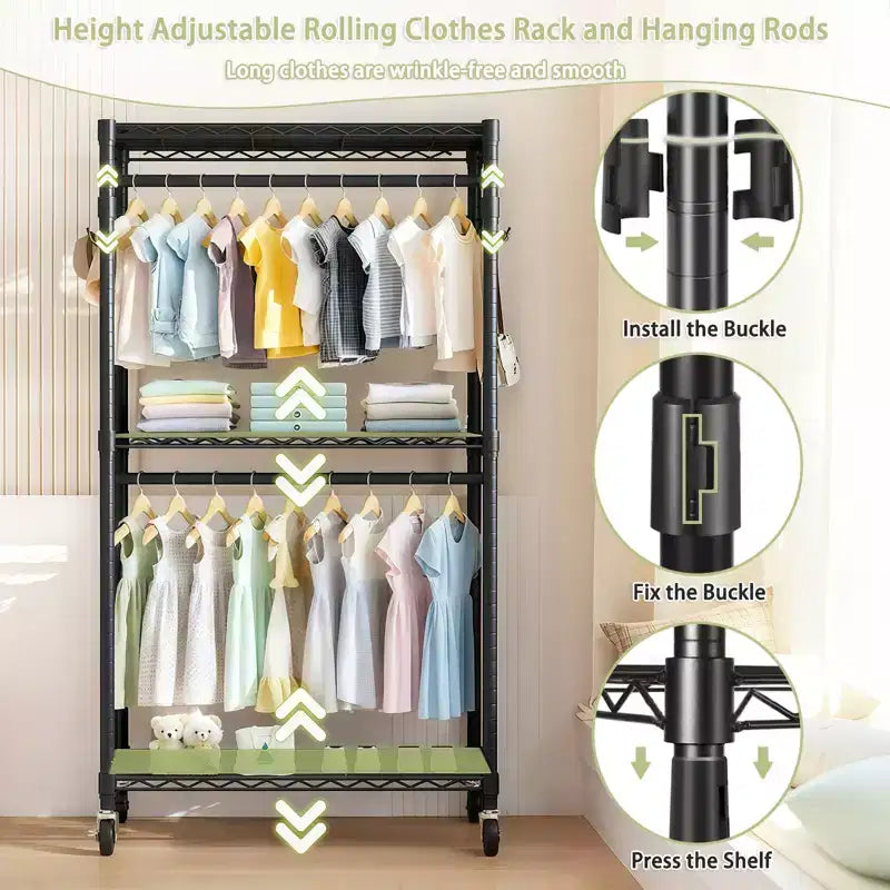 Porte-vêtements autoportant robuste avec 8 étagères grillagées réglables et 5 tringles à vêtements, organisateur de placard portable réglable, penderie