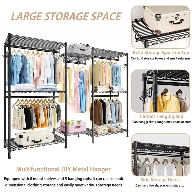 Porte-vêtements autoportant robuste avec 8 étagères grillagées réglables et 5 tringles à vêtements, organisateur de placard portable réglable, penderie