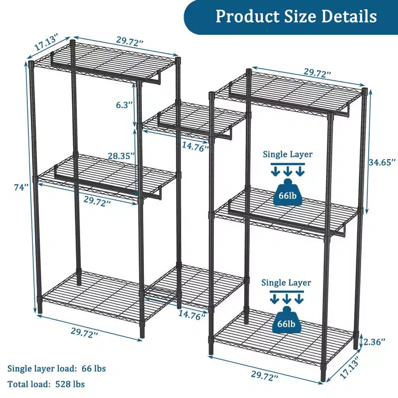 Porte-vêtements autoportant robuste avec 8 étagères grillagées réglables et 5 tringles à vêtements, organisateur de placard portable réglable, penderie