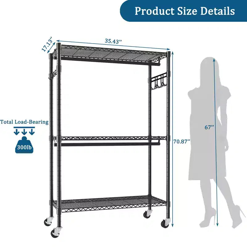 Porte-vêtements autoportant robuste avec 8 étagères grillagées réglables et 5 tringles à vêtements, organisateur de placard portable réglable, penderie