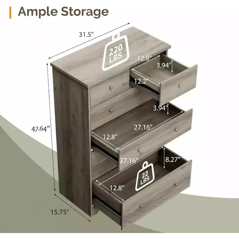 Commode Haute à 6 Tiroirs, Commode Grise en Bois pour Chambre