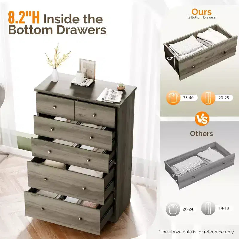 Commode Haute à 6 Tiroirs, Commode Grise en Bois pour Chambre