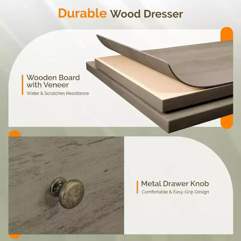 Commode Haute à 6 Tiroirs, Commode Grise en Bois pour Chambre