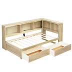 Lit de jour jumeau avec lit gigogne et bibliothèque, lit de jour en forme de L avec étagères et ports USB, cadre de lit d'angle jumeau avec tête de lit