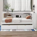 Lit de jour jumeau avec lit gigogne et bibliothèque, lit de jour en forme de L avec étagères et ports USB, cadre de lit d'angle jumeau avec tête de lit