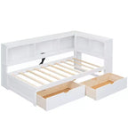 Lit de jour jumeau avec lit gigogne et bibliothèque, lit de jour en forme de L avec étagères et ports USB, cadre de lit d'angle jumeau avec tête de lit