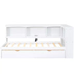 Lit de jour jumeau avec lit gigogne et bibliothèque, lit de jour en forme de L avec étagères et ports USB, cadre de lit d'angle jumeau avec tête de lit