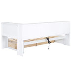 Lit de jour jumeau avec lit gigogne et bibliothèque, lit de jour en forme de L avec étagères et ports USB, cadre de lit d'angle jumeau avec tête de lit