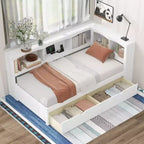 Twin Size Daybed with Trundle and Bookcase, L Shaped Daybed with Shelves & USB Ports, Twin Corner Bed Frame with Headboard