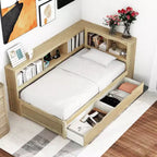 Lit de jour jumeau avec lit gigogne et bibliothèque, lit de jour en forme de L avec étagères et ports USB, cadre de lit d'angle jumeau avec tête de lit