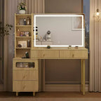 Coiffeuse 48 po avec miroir et lumières, coiffeuse moderne cannelée avec plateau en verre et armoire de rangement