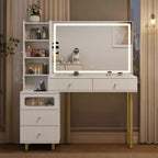 Coiffeuse 48 po avec miroir et lumières, coiffeuse moderne cannelée avec plateau en verre et armoire de rangement